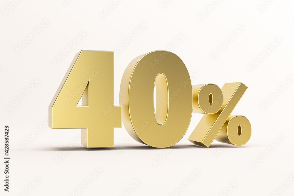 3D illustration forty percent golden isolated on white background. 3D rendering for advertising. 40% off on sale. 3D illustration forty percent golden isolated on white background. 3D rendering for advertising. 40% off on sale.