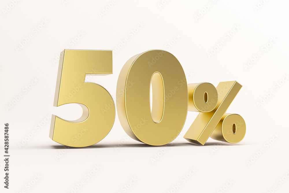 3D illustration fifty percent golden isolated on white background. 3D rendering for advertising. 50% off on sale. 3D illustration fifty percent golden isolated on white background. 3D rendering for advertising. 50% off on sale.