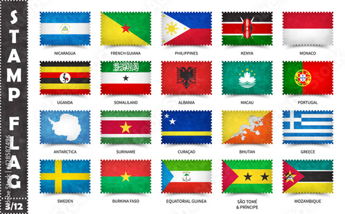 Stamp with official country flag pattern and old grunge texture and countries name . Rectangle shape . Vector . Set 3 of 12 on this series ( All national flags of the world ) .