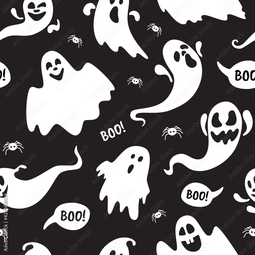 Cute ghost boo holiday character seamless pattern flat style design ...