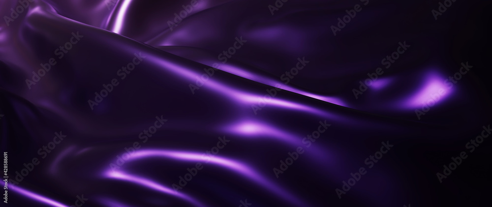 Obraz premium 3d render of dark and purple silk. iridescent holographic foil. abstract art fashion background.