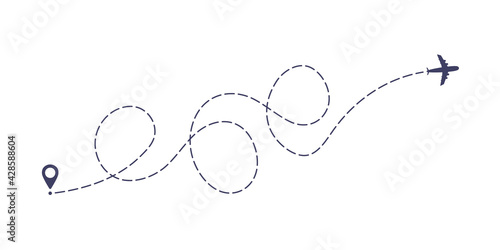 Airplane dashed line path flat style design vector illustration isolated on white background. The plane icon follow from start pin point to finish by dashed line. Airplane route trace flight air map.