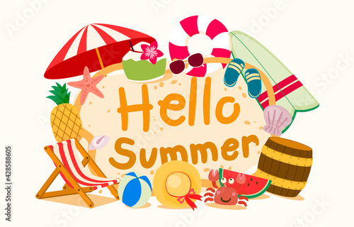 Hello Summer Typography Surround By Summer Objects Collection, Vector, Illustration