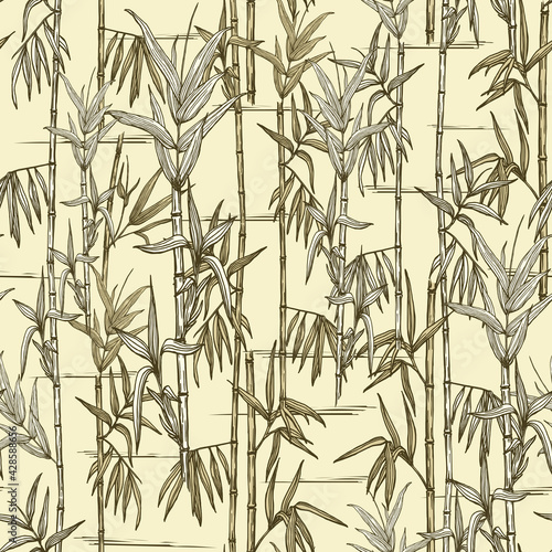 Seamless pattern with bamboo stems and leaves in green colours. Hand-drawn stylized drawing in pen and ink. Bamboo forest beauty in nature. Vector illustration.