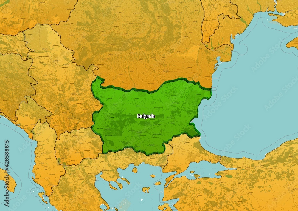 Fototapeta premium Bulgaria map showing country highlighted in green color with rest of European countries in brown