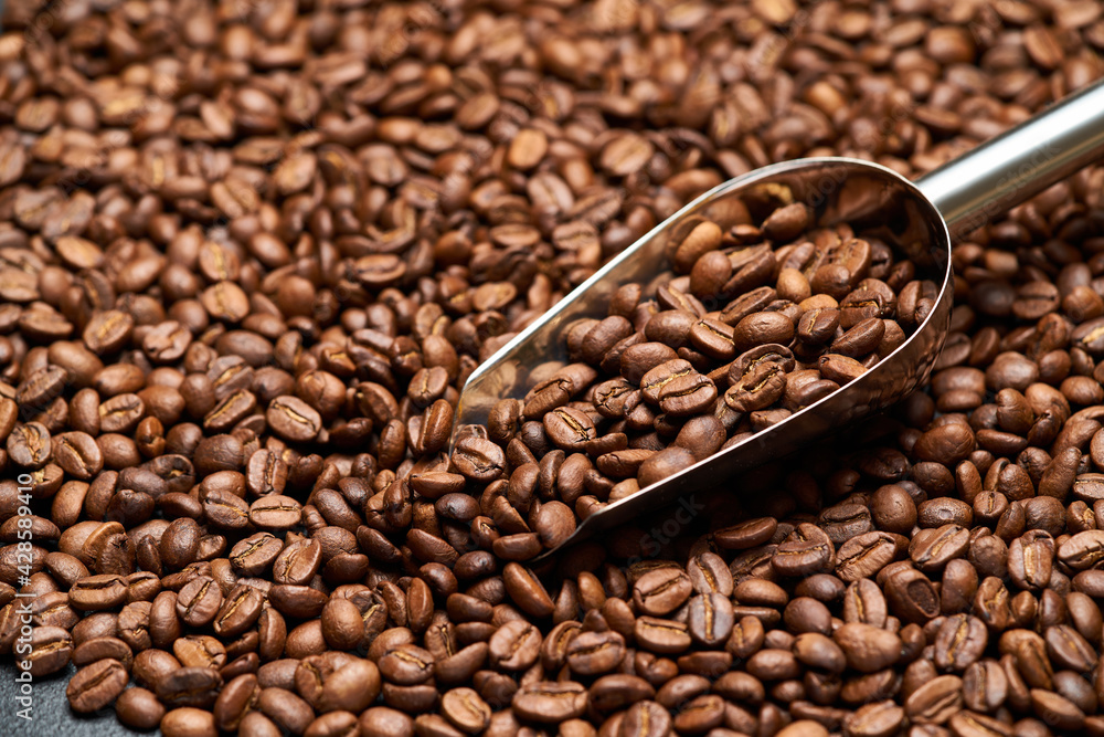 Fototapeta premium Background or texture made of roasted brown coffee beans