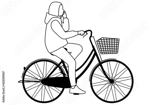 Fototapeta Naklejka Na Ścianę i Meble -  Illustration of a person talking on a smartphone while riding a bicycle (white background, vector, cut out)
