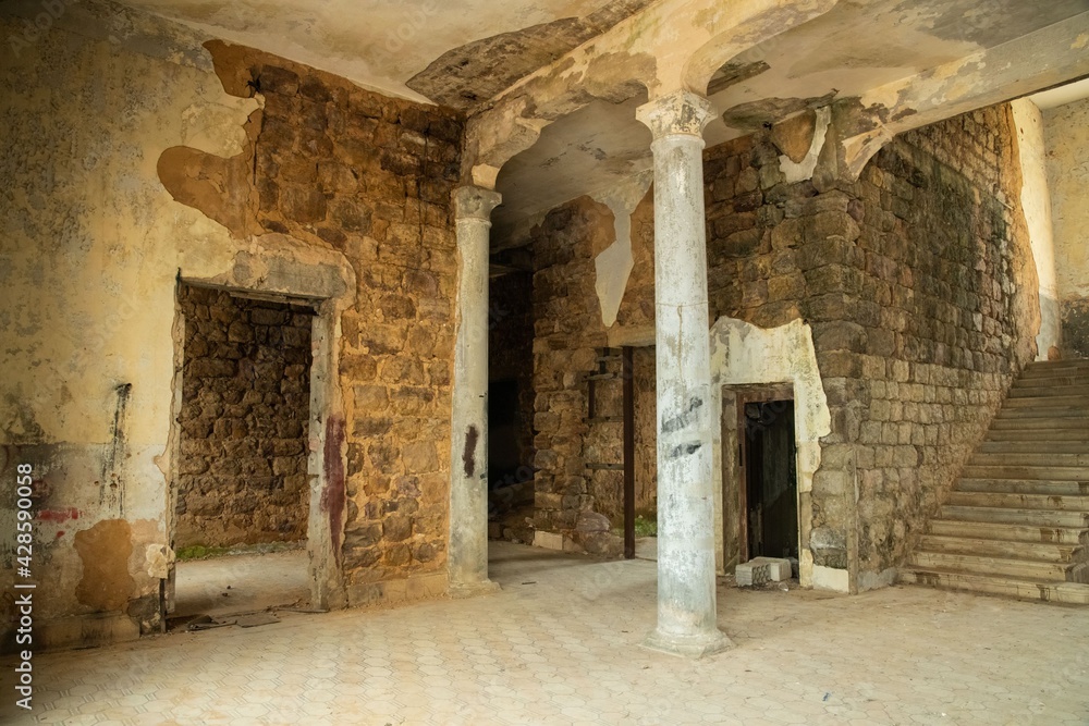 Naklejka premium interior of the old ruined Lebanese luxury hotel Kassouf in Dhour Choueir