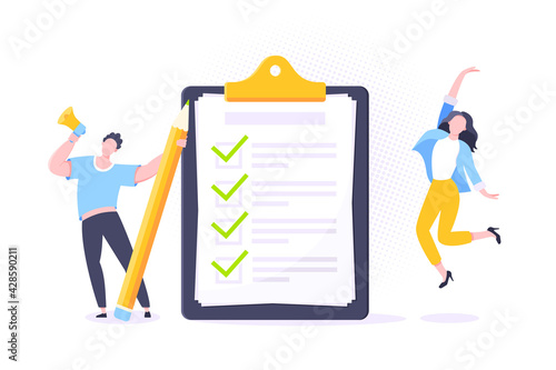 Checklist complete business concept tiny people with megaphone and pencil nearby giant clipboard, task done and check mark ticks flat style design vector illustration isolated white background.