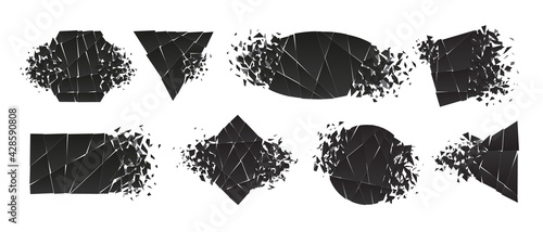 Shape shattered and explodes flat style design vector illustration set isolated on white background. Triangle, hexagon, ellipse, rectangle and rhombus shapes in grayscale gradient exploding collection