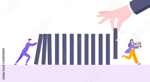 Business resilience or domino effect metaphor vector illustration concept. Adult young businessman pushing falling domino line business concept of problem solving and hand stopping chain reaction.