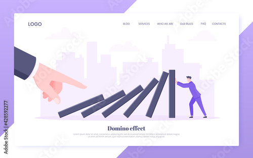 Business resilience or domino effect metaphor vector illustration. Giant hand starts chain reaction of falling domino line and businessman trying to stop it. Problem solving stopping chain reaction.
