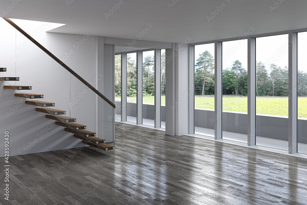 Fototapeta premium Illustration 3D rendering large luxury modern bright interiors Living room mockup computer digitally generated image