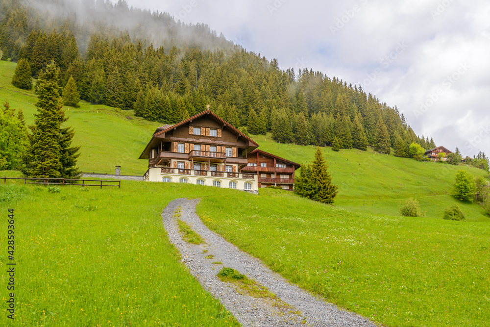 Obraz premium Beautiful Swiss mountain valley landscape with a house.