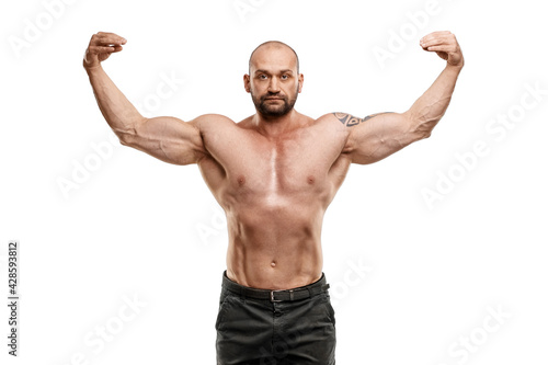 Male bodybuilder isolated on white background. Fitness workout concept, muscle groups, watch your body.