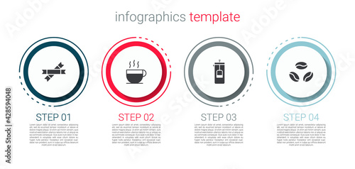 Set Sugar stick packets, Coffee cup, French press and beans. Business infographic template. Vector