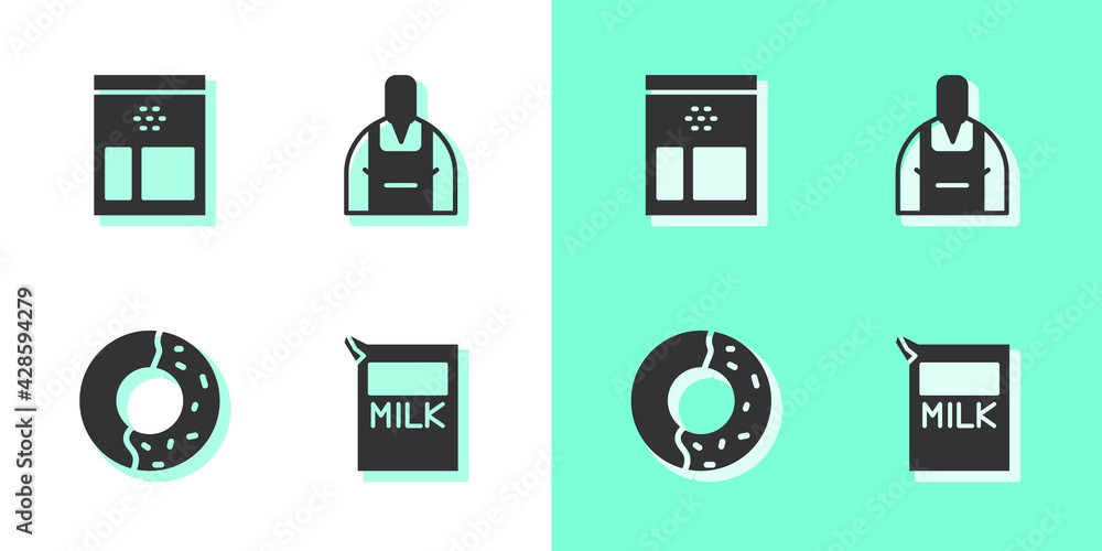 Set Paper package for milk, Bag of coffee beans, Donut with sweet glaze and Barista icon. Vector Set Paper package for milk, Bag of coffee beans, Donut with sweet glaze and Barista icon. Vector