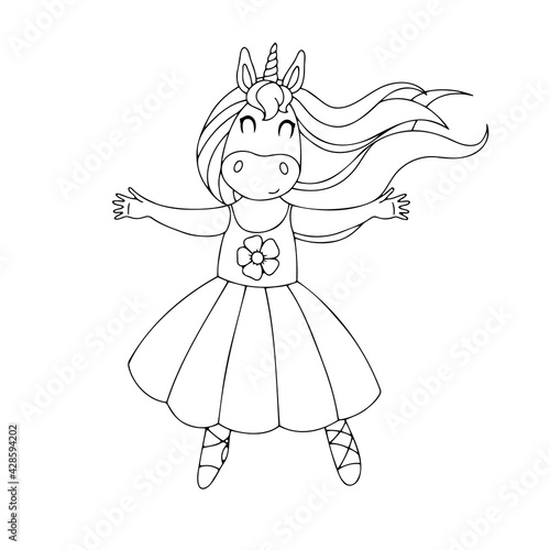 Vector illustration of a ballerina unicorn, a simple illustration in the style of a line art sketch