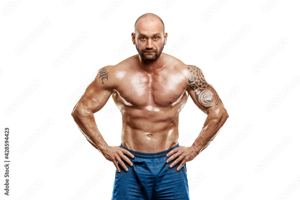 Male bodybuilder isolated on white background. Fitness workout concept, muscle groups, watch your body. Male bodybuilder isolated on white background. Fitness workout concept, muscle groups, watch your body.