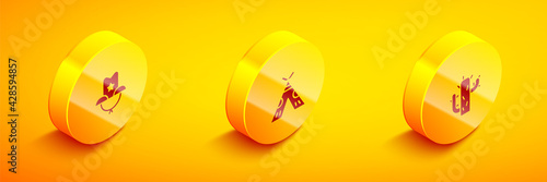 Set Isometric Western cowboy hat, Indian teepee or wigwam and Cactus icon. Vector