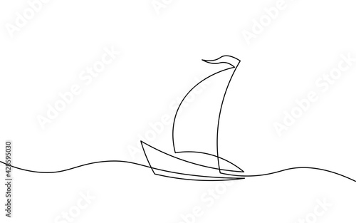 Single continuous line art sea boat icon. Yacht travel tourism concept silhouette symbol design. One sketch outline drawing vector illustration