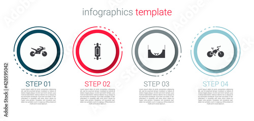 Set Motorcycle, Longboard skateboard, Skate park and Bicycle. Business infographic template. Vector