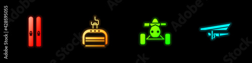 Set Ski and sticks, lift, ATV motorcycle and Hang glider icon. Vector