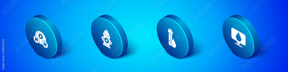 Set Isometric Chemical formula for H2O, Test tube with water drop, Water location and Fire hydrant icon. Vector Set Isometric Chemical formula for H2O, Test tube with water drop, Water location and Fire hydrant icon. Vector