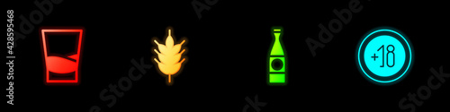 Set Glass of vodka, Hop, Beer bottle and Alcohol 18 plus icon. Vector
