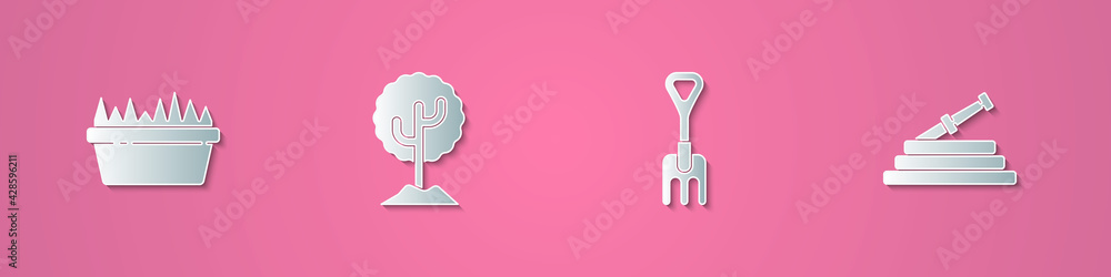 Set paper cut Fresh grass in a rectangular, Tree, Garden rake and hose or fire hose icon. Paper art style. Vector