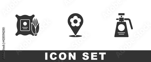 Set Corn in the sack, Location with flower and Garden sprayer for fertilizer icon. Vector
