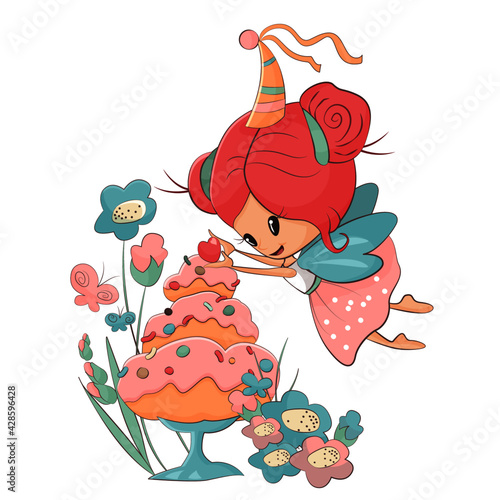 Beautiful, cute, little fairy-tale girl Princess with a big cake and flowers. Vector illustration.