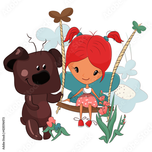 Postcard with a cute cartoon fairy tale on a swing and a funny bear cub