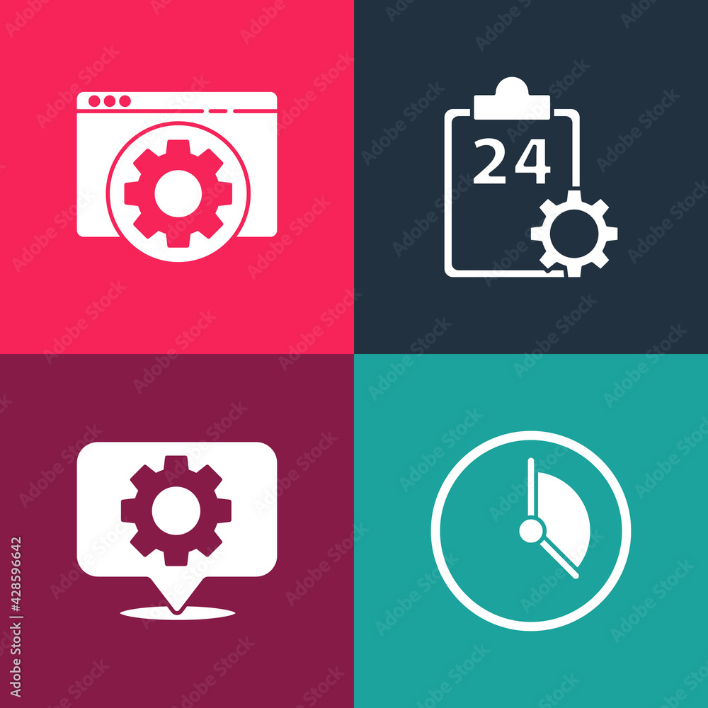 Set pop art Time Management, Location with gear, Checklist 24 hours service and Browser setting icon. Vector Set pop art Time Management, Location with gear, Checklist 24 hours service and Browser setting icon. Vector