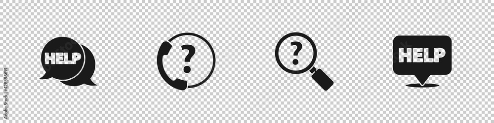 Set Speech bubble with text Help, Telephone 24 hours support, Unknown search and icon. Vector Set Speech bubble with text Help, Telephone 24 hours support, Unknown search and icon. Vector