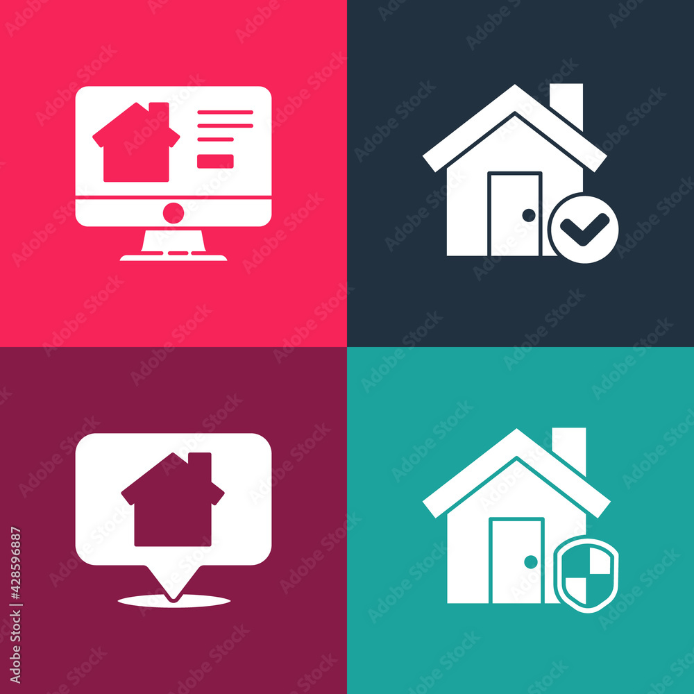 Set pop art House under protection, Location with house, check mark and Online real estate icon. Vector Set pop art House under protection, Location with house, check mark and Online real estate icon. Vector