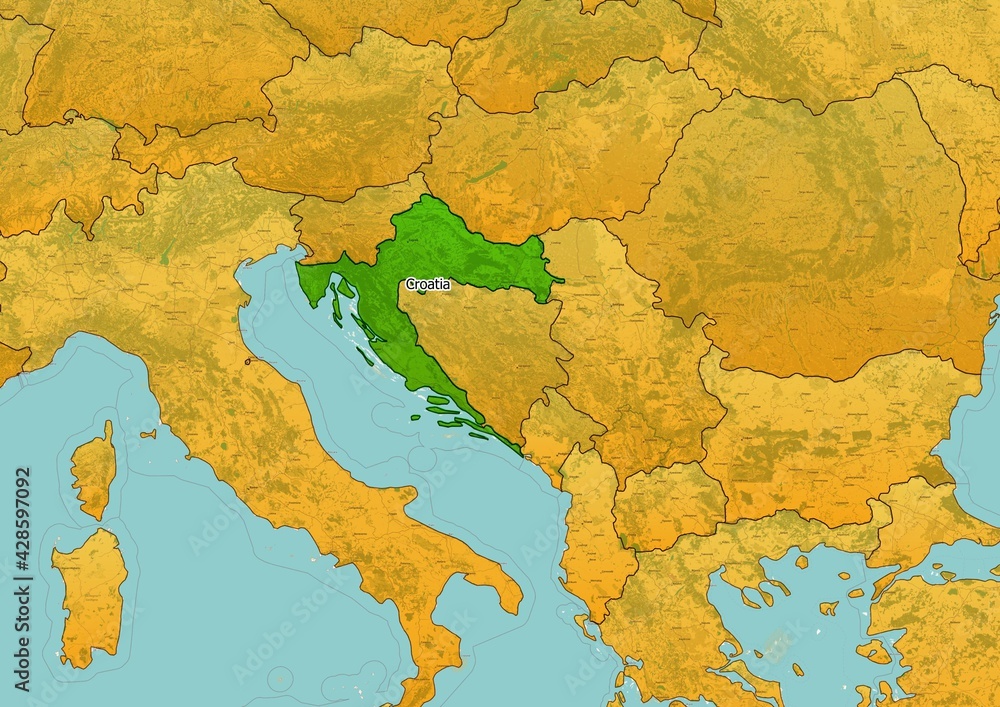 Naklejka premium Croatia map showing country highlighted in green color with rest of European countries in brown