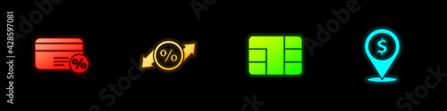 Set Discount card with percent, tag, Credit chip and Cash location icon. Vector