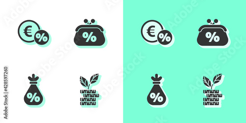 Set Dollar plant, Money coin with percent, bag and Purse money icon. Vector