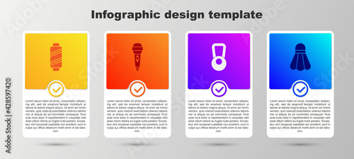 Set Sewing thread on spool, Microphone, Kettlebell and Badminton shuttlecock. Business infographic template. Vector