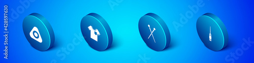 Set Isometric Sewing chalk, Knitting needles, Awl tool and T-shirt icon. Vector