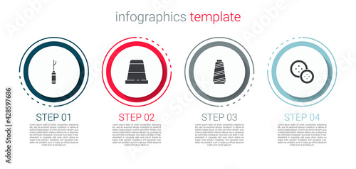 Set Awl tool, Thimble for sewing, Sewing thread and button. Business infographic template. Vector