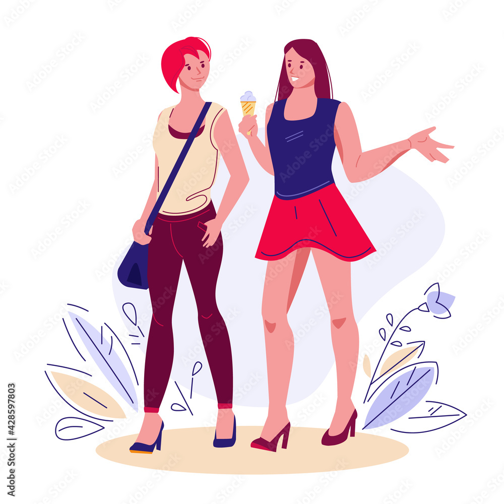 Two female friends walking in the summer, chat, spend time together. Happy girlfriends outdoors eating ice cream. Vector illustration in flat style. Two female friends walking in the summer, chat, spend time together. Happy girlfriends outdoors eating ice cream. Vector illustration in flat style.