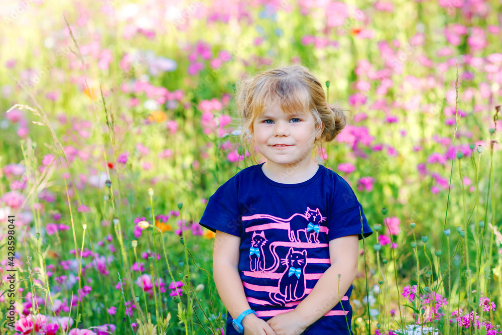 Portriat of adorable, charming toddler girl in flowers meadow. Smiling happy baby child on summer day with colorful flowers, outdoors. Happiness and summertime. Portriat of adorable, charming toddler girl in flowers meadow. Smiling happy baby child on summer day with colorful flowers, outdoors. Happiness and summertime.