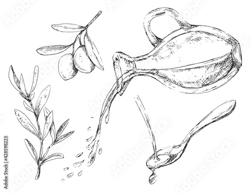 Olive oil pouring from bottle and graphic elements
