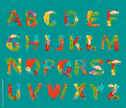 Sea alphabet. Uppercase letters set. Creative lettering.