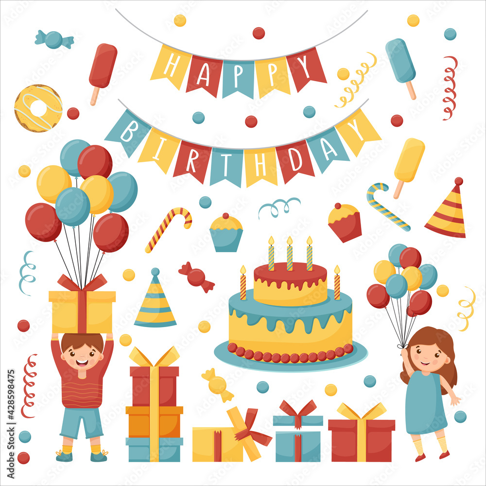 Cartoon birthday party decorations. Gifts presents, sweet cupcakes and celebration cake. Colorful balloons, carnival celebration food and candy. Isolated vector illustration icons set. Cartoon birthday party decorations. Gifts presents, sweet cupcakes and celebration cake. Colorful balloons, carnival celebration food and candy. Isolated vector illustration icons set.