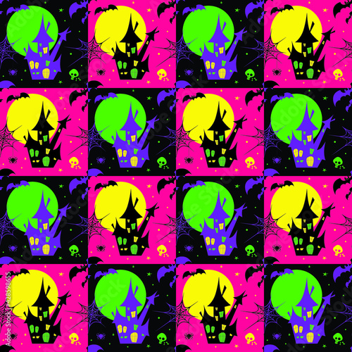 Halloween set collection elements on pink and black square background for greetings. Spider  bats  cat  wizard hat  moon  castle  cemetery  pumpkin seamless pattern. Vector illustration.