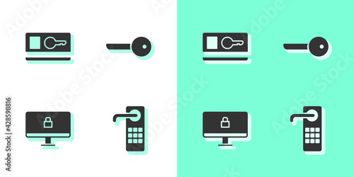 Set Digital door lock, Key card, Lock on computer monitor and icon. Vector