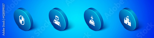 Set Isometric Shield, Sword in the stone, Castle, fortress and Medieval knight icon. Vector